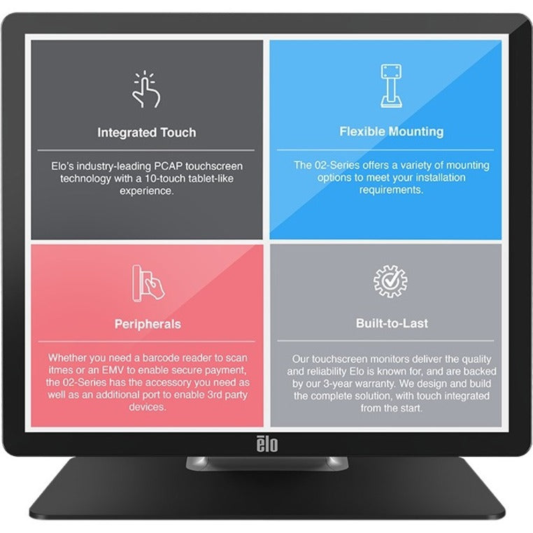 Feature overview display showing integrated touch, flexible mounting, peripherals, and build quality