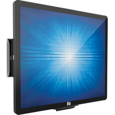 Angled view of Elo 2402L monitor displaying bright blue screen