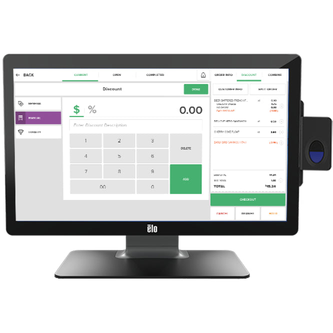 Elo 2402L monitor showing point-of-sale interface