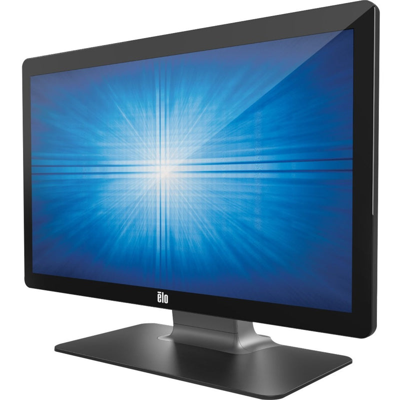 Front view of Elo 2202L 22-inch touchscreen monitor displaying bright blue radial pattern on screen with sleek black bezel and stand