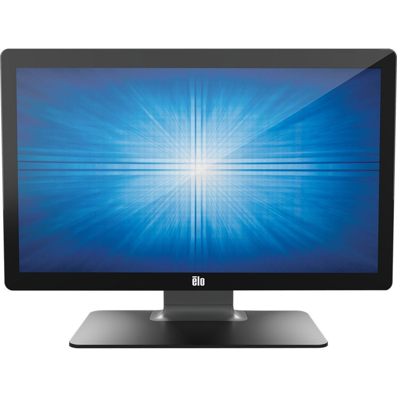 Front-facing view of Elo 2202L monitor highlighting slim profile and stable base design