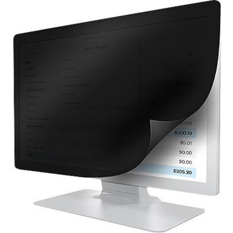 Elo 24-inch privacy screen filter attached to a touchscreen monitor, showing darkened side viewing angles while maintaining clear front visibility