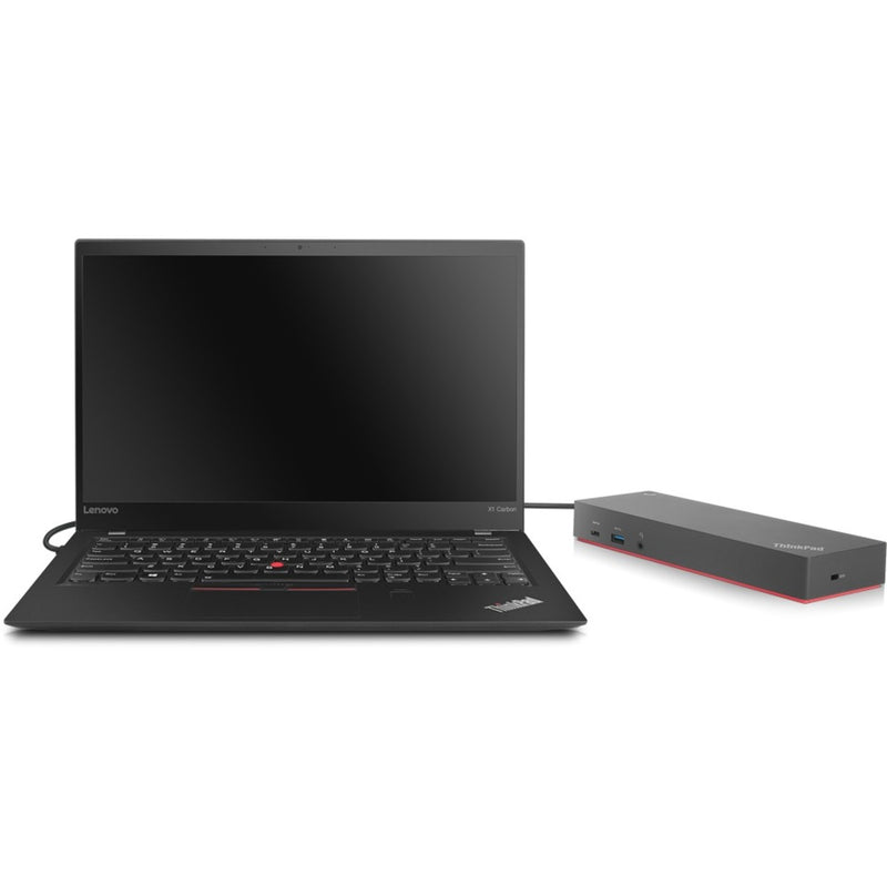 ThinkPad laptop connected to Hybrid dock showing workspace setup