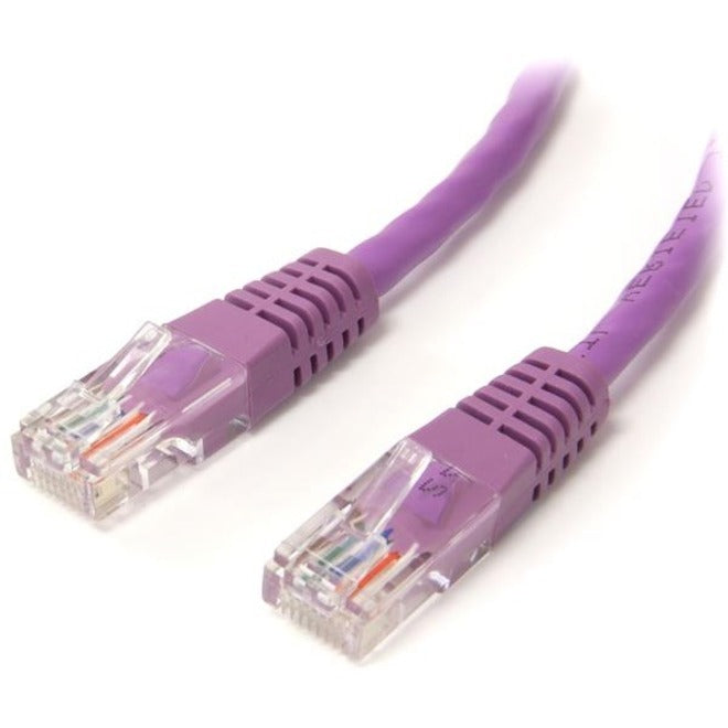 Purple Cat5e ethernet cable showing both RJ45 connectors with gold-plated contacts and strain relief