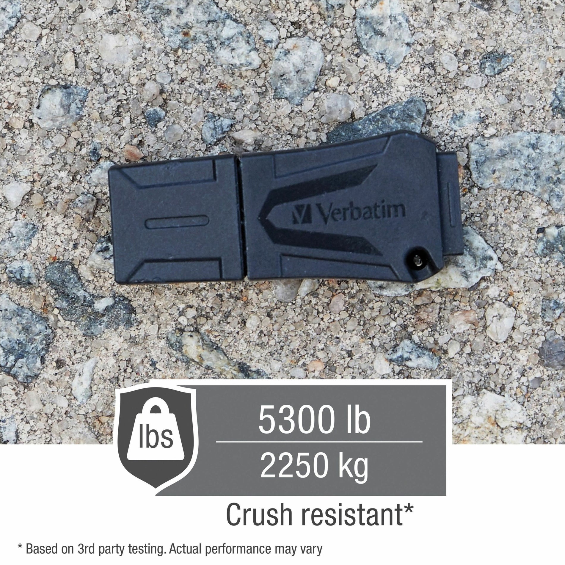 Verbatim ToughMAX USB drive on rocky surface showing crush resistance rating of 5300 lbs/2250 kg-alternate-image6