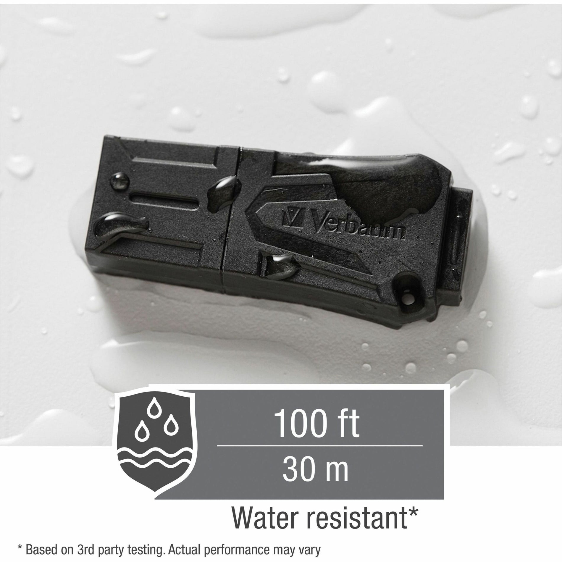 Verbatim ToughMAX USB drive with water droplets showing water resistance capability and depth rating of 100ft/30m-alternate-image4