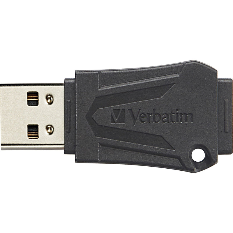 Detailed view of Verbatim ToughMAX USB drive connector and protective casing with embossed logo