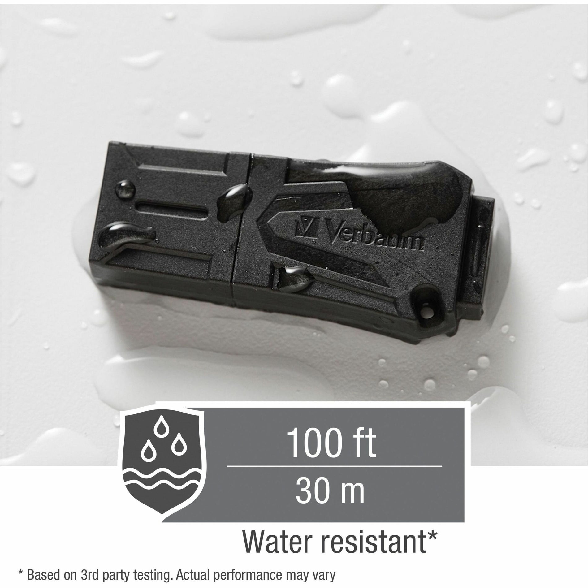 Verbatim ToughMAX USB drive demonstrating water resistance with water droplets and depth rating information-alternate-image5