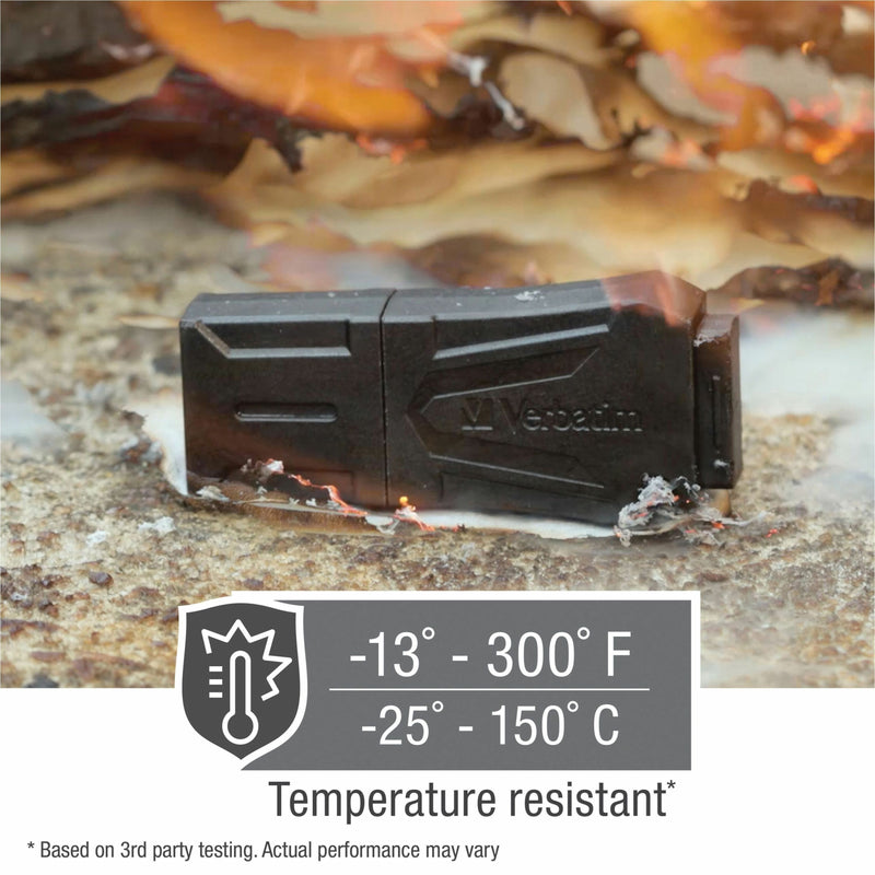 ToughMAX USB drive with temperature resistance specifications showing extreme heat tolerance