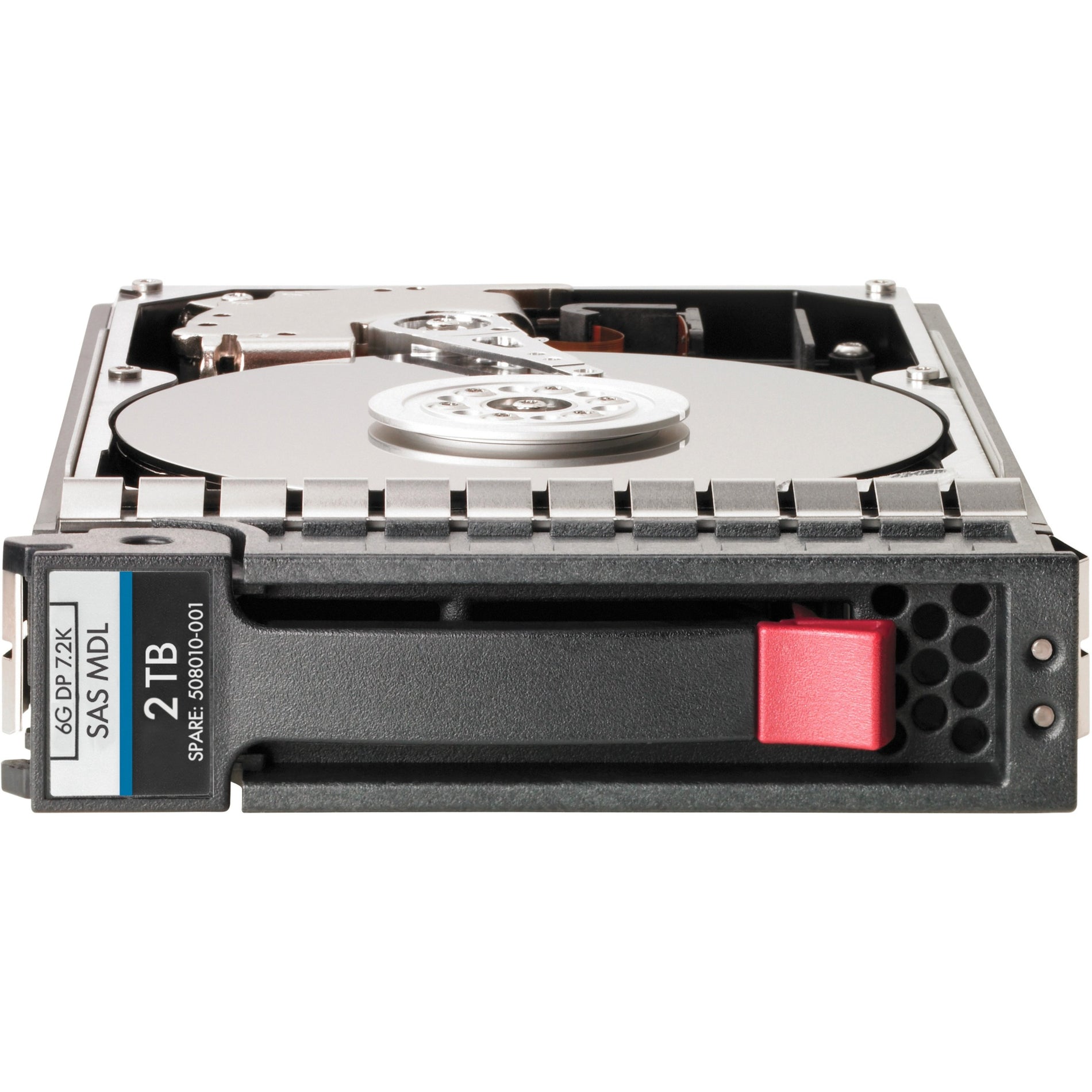 HPE MSA 2.4TB SAS hard drive showing internal components with hot-plug carrier and red release button-alternate-image1