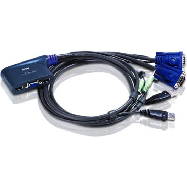 ATEN CS62U 2-port KVM switch with integrated USB and VGA cables shown with blue connectors