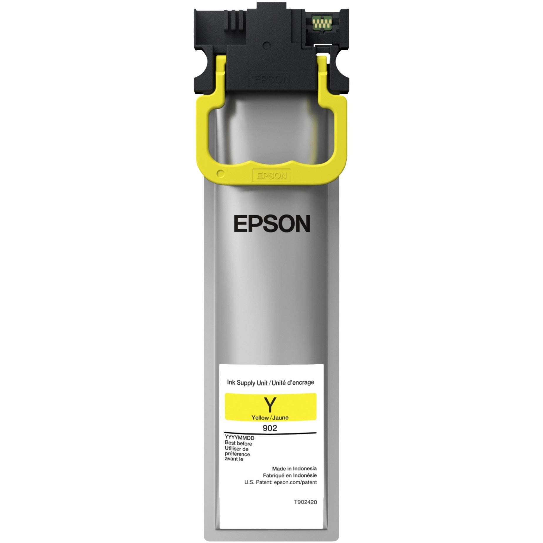 Epson T902420 DURABrite Ultra yellow ink pack with silver body and yellow accents, showing product label and specifications-alternate-image1