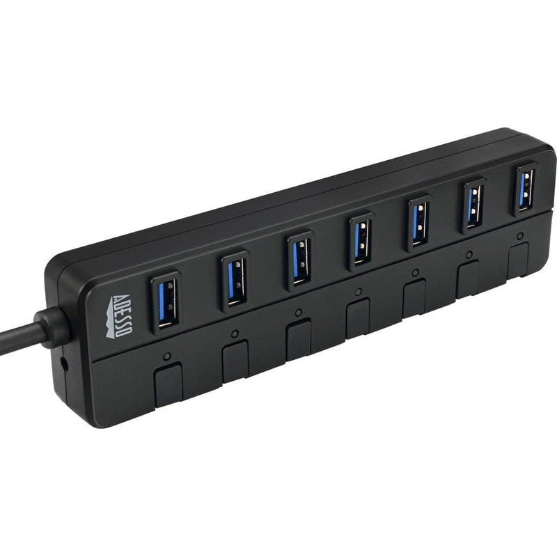 Side view of Adesso AUH-3070P 7-port USB 3.0 hub showing multiple USB ports and power switches