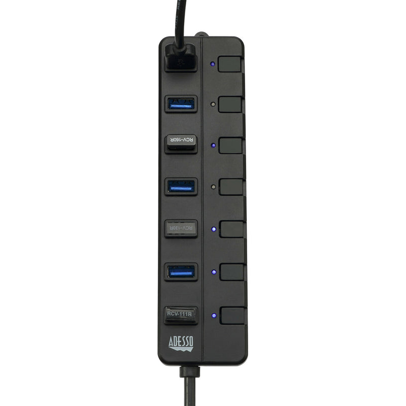 Detailed view of USB hub power switches and LED indicators