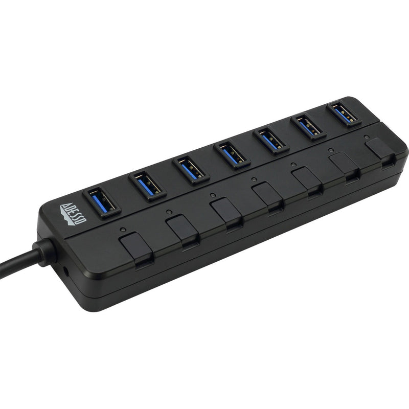 Elevated angle view of the USB hub showing the alignment of ports and power switches