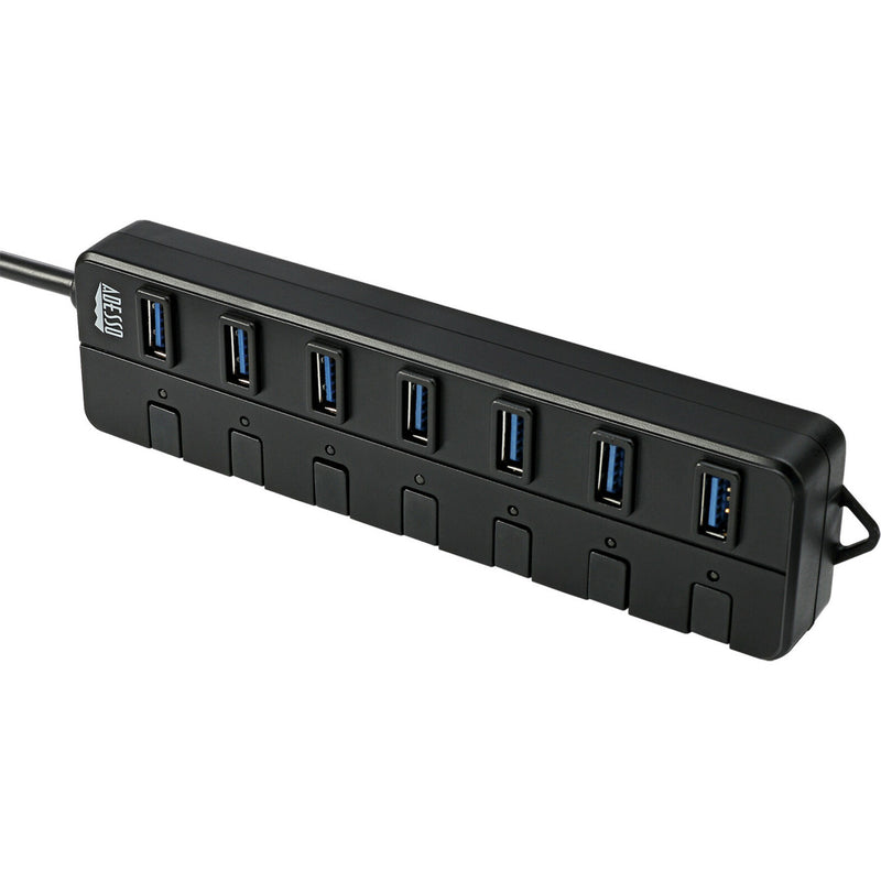 Angled perspective of the USB hub showing port arrangement and power switches