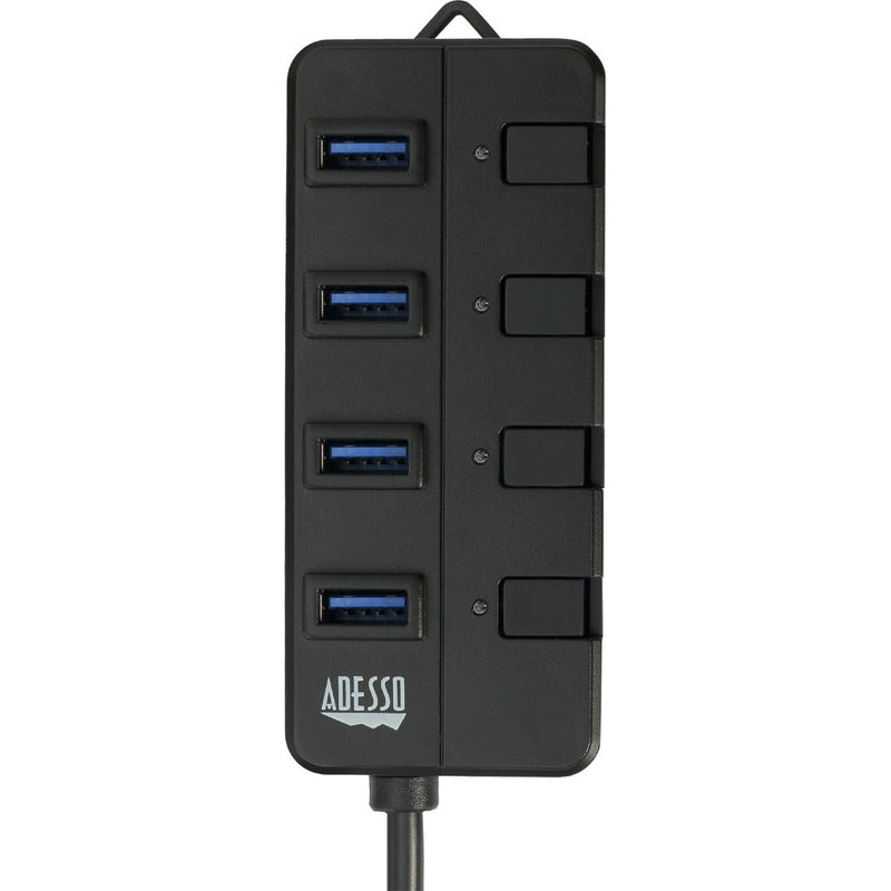 Vertical view of Adesso USB hub showing port layout and branding