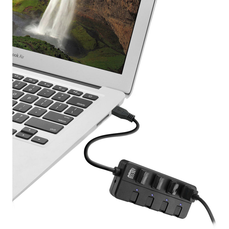 Adesso USB hub connected to a laptop showing ease of use