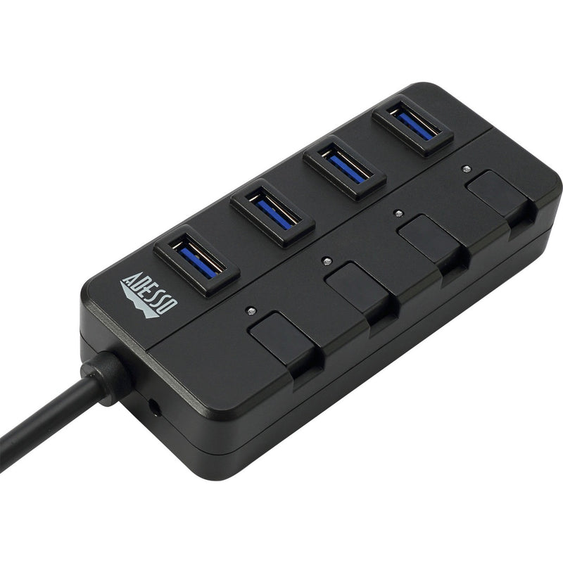 Angled view of Adesso USB hub showing port arrangement and power switches