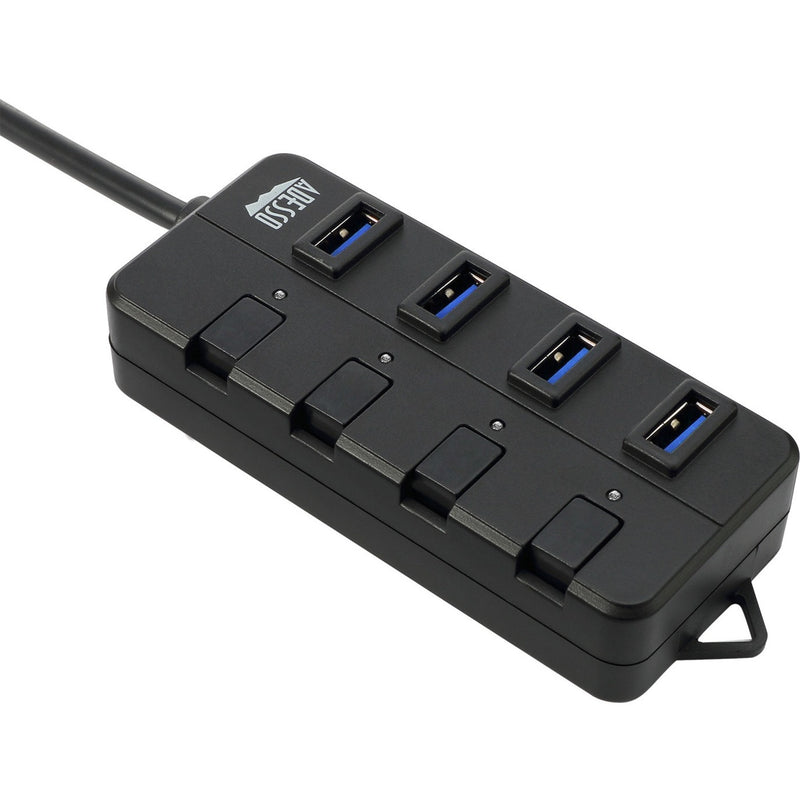 Adesso AUH-3040 4-port USB 3.0 hub with individual power switches and LED indicators in black finish