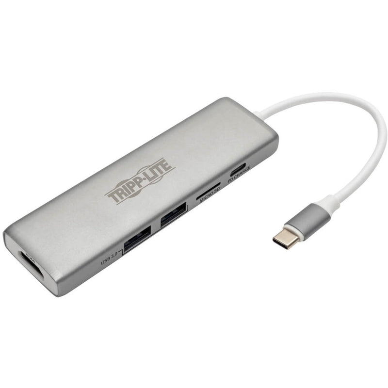 Tripp Lite USB-C docking station with multiple ports shown in silver aluminum finish