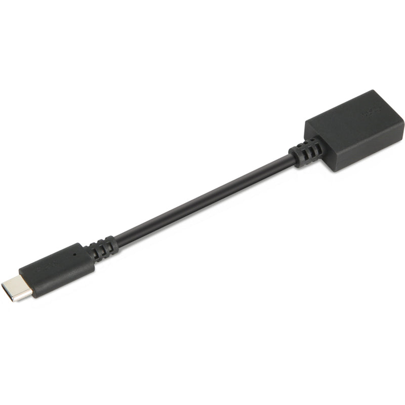 Full-length view of Lenovo USB-C to USB-A adapter showing entire 140mm cable length in black finish