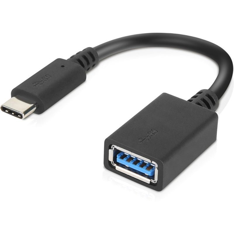 Lenovo USB-C to USB-A adapter showing USB-C male connector and USB-A female port with blue USB 3.0 interface