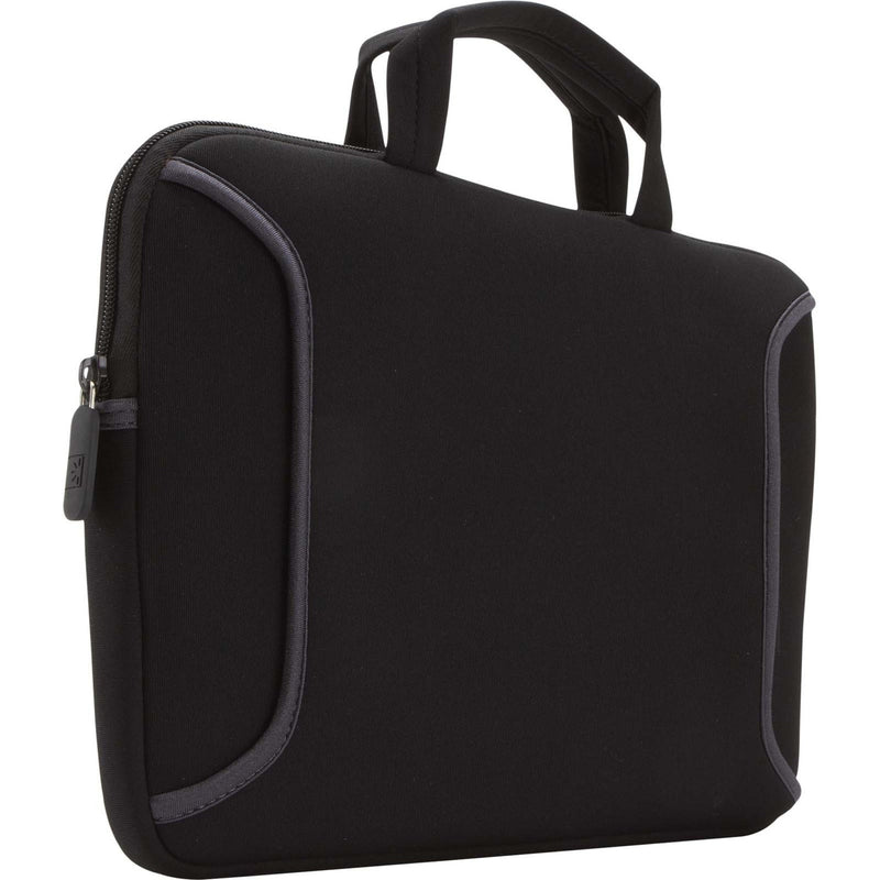 Black neoprene Case Logic laptop sleeve with dual carrying handles and gray trim accents