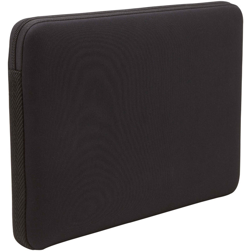 Angled view of laptop sleeve showing sleek design and zipper detail