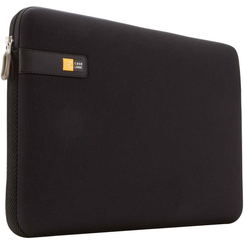 Front view of black Case Logic laptop sleeve with brand logo tag