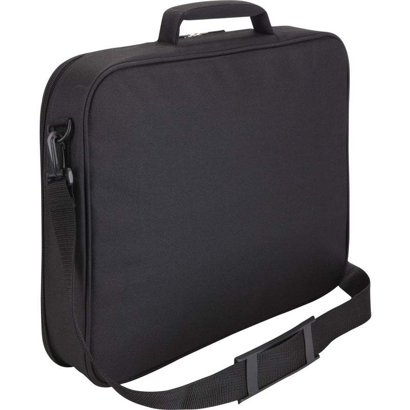 Three-quarter view of laptop case showing handle and shoulder strap system