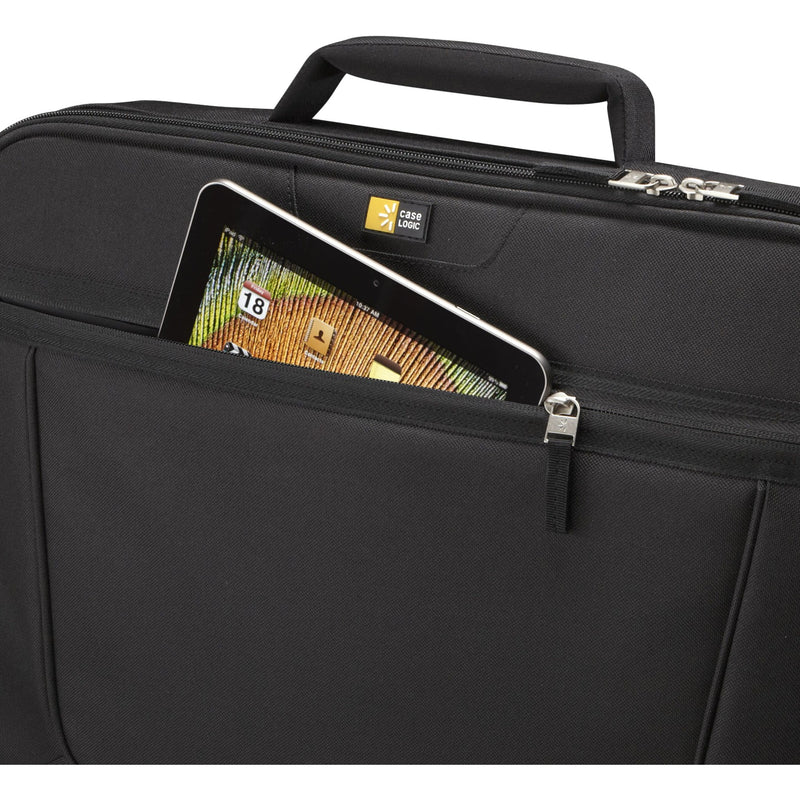 Close-up of front pocket showing tablet storage capability