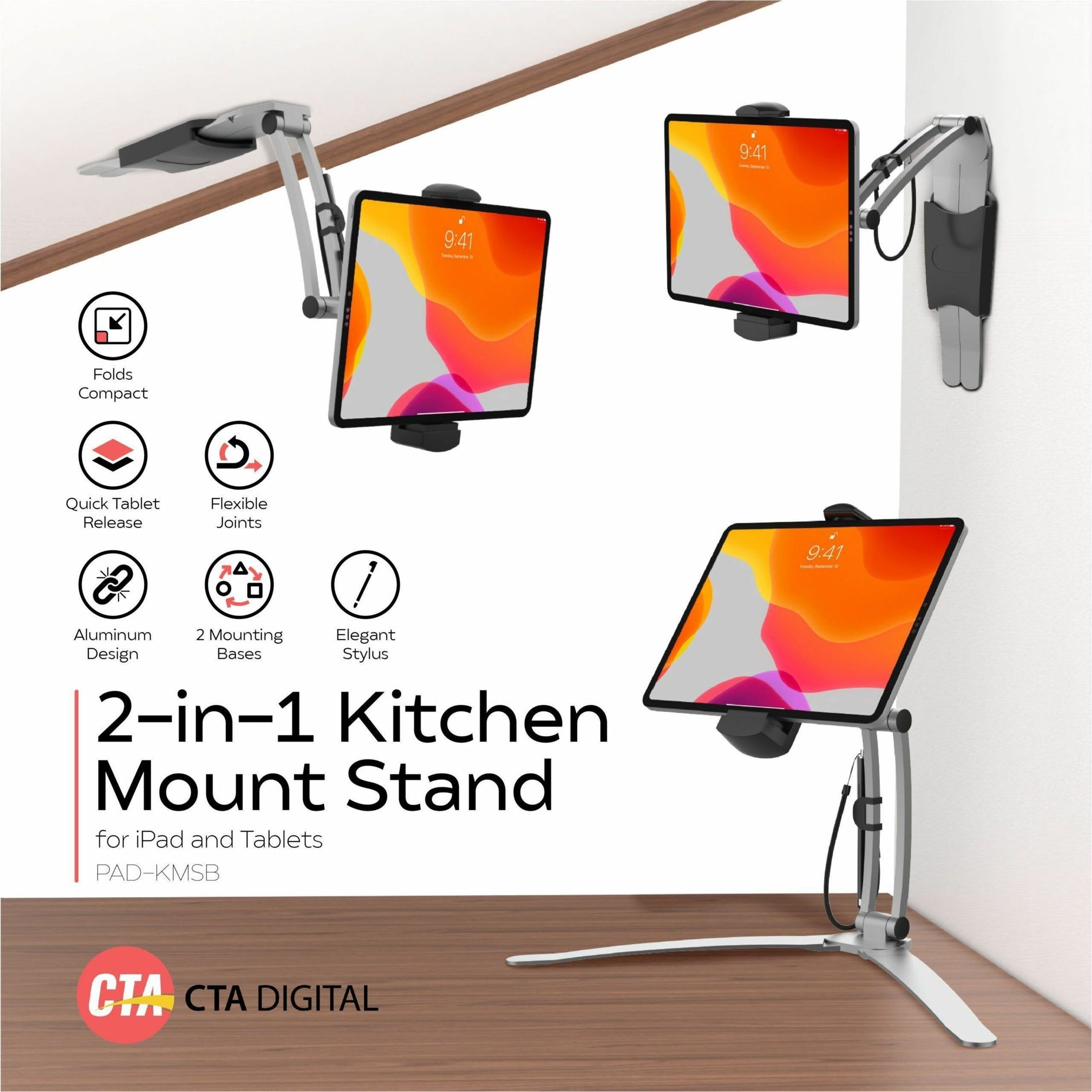 CTA Digital PAD-KMSB Multi-Flex Tablet Stand and Mount, Adjustable, 360° Rotation, Pivot, Durable, Compact, Lightweight, Key Lock