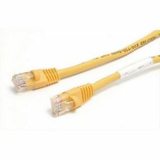 Yellow Cat5e ethernet patch cable with gold-plated RJ45 connectors and molded strain relief boots