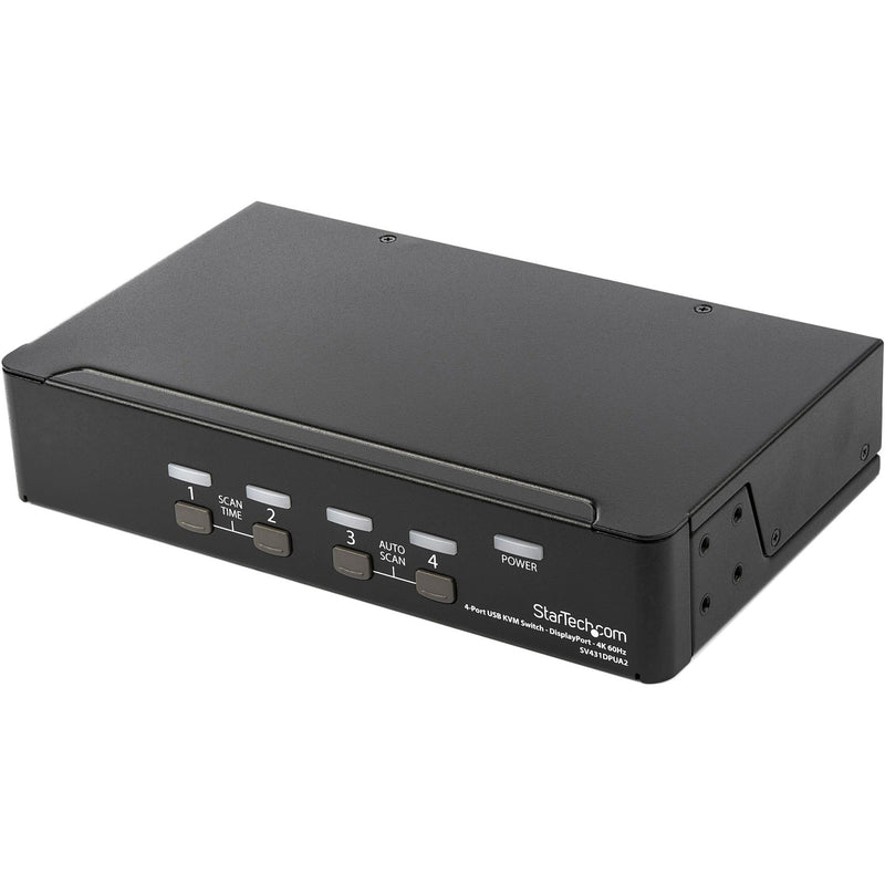 Front view of StarTech.com 4-port DisplayPort KVM switch showing control buttons and power indicator