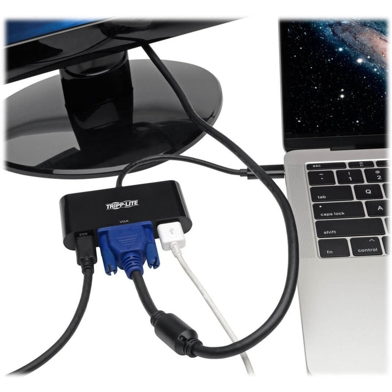 Tripp Lite docking station connected to laptop and monitor showing practical setup