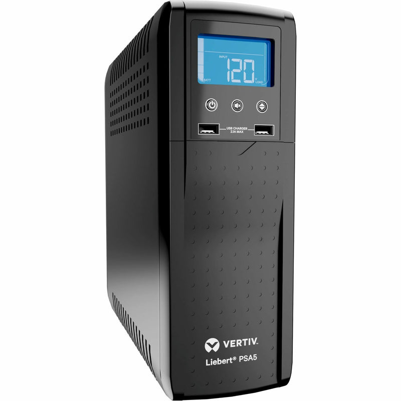 Front view of Liebert PSA5 UPS showing LCD display screen and USB charging ports