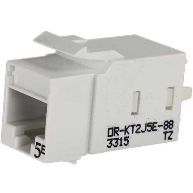 White Ortronics Category 5e keystone jack with lacing cap termination system showing RJ-45 port and product identification markings-alternate-image1