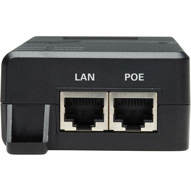 Close-up view of NPOE-30W-1G's RJ45 ports showing LAN and PoE connections