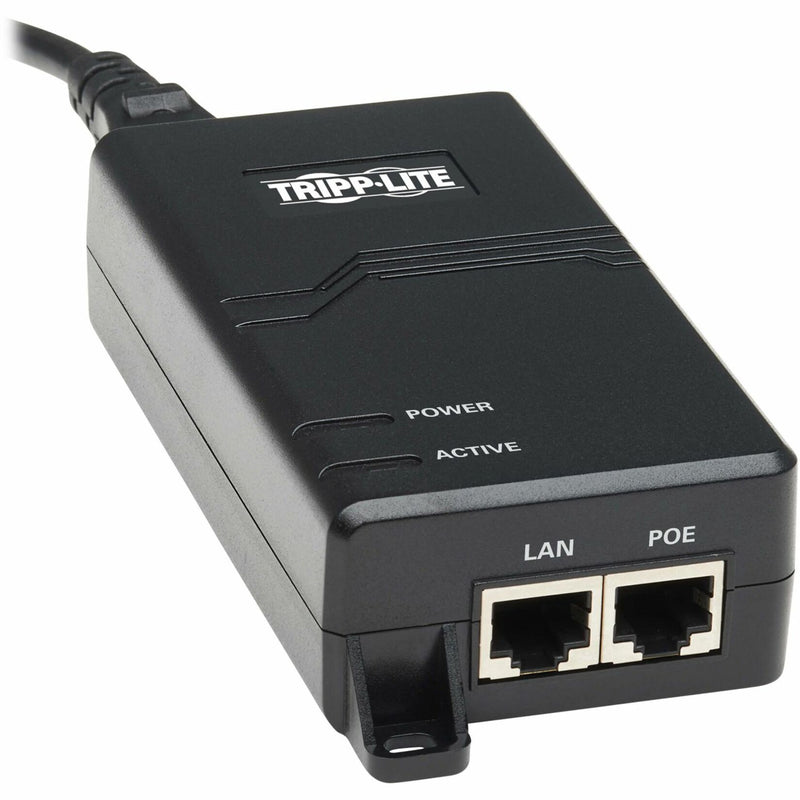 Angled view of NPOE-30W-1G showing power cable connection and dual ethernet ports