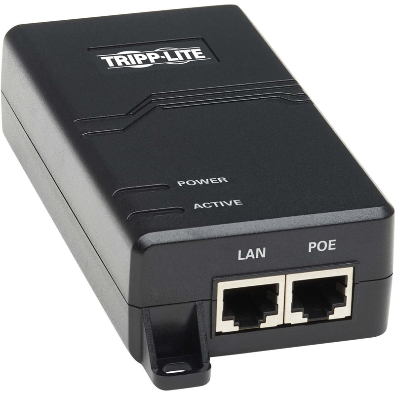 Front view of Tripp Lite NPOE-30W-1G PoE injector showing dual RJ45 ports and LED indicators