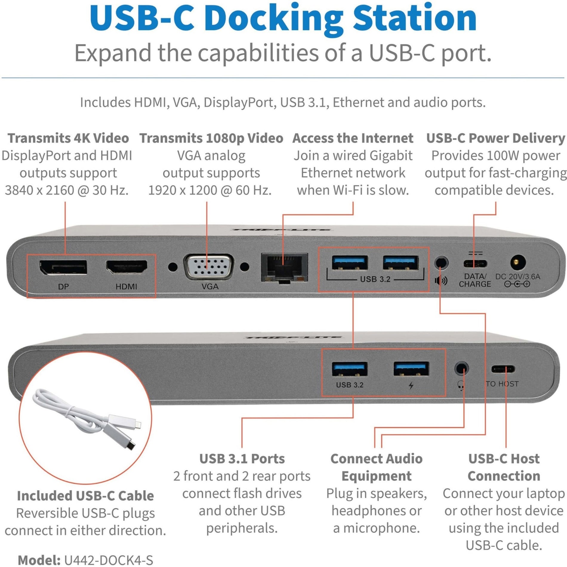 Tripp Lite U442-DOCK4-S ドッキングステーション、USB タイプ C、4 USB 3.0 ポート、HDMI、VGA、DisplayPort、Thunderbolt、RJ-45、100W 電源供給  ブランド名: トリップ・ライト