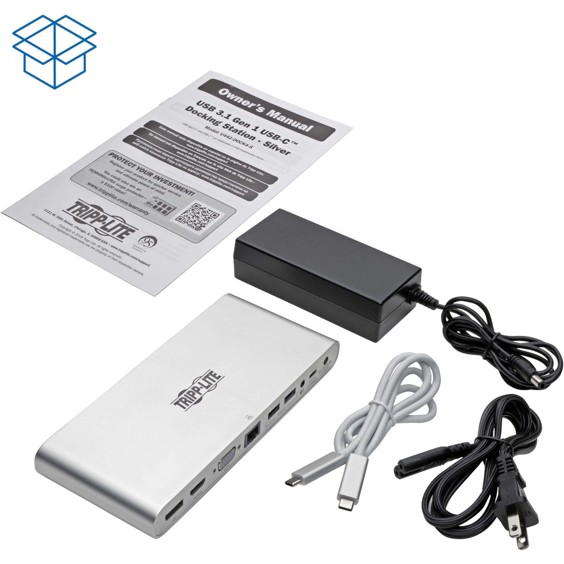 Complete package contents of Tripp Lite U442-DOCK4-S including docking station, power adapter, cables, and manual-alternate-image2