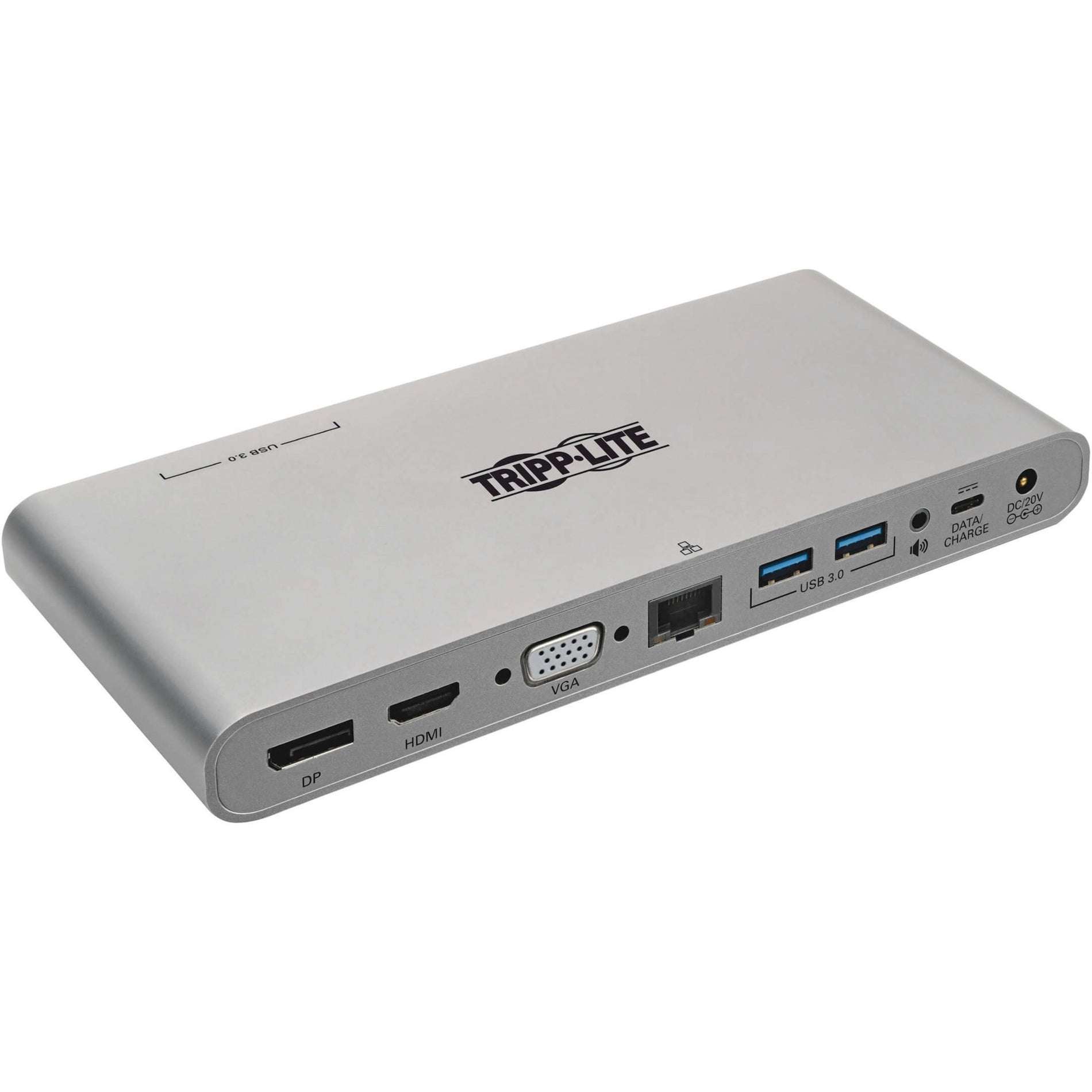 Side view of Tripp Lite U442-DOCK4-S docking station showing multiple ports including DisplayPort, HDMI, VGA, USB, and power connections-alternate-image1