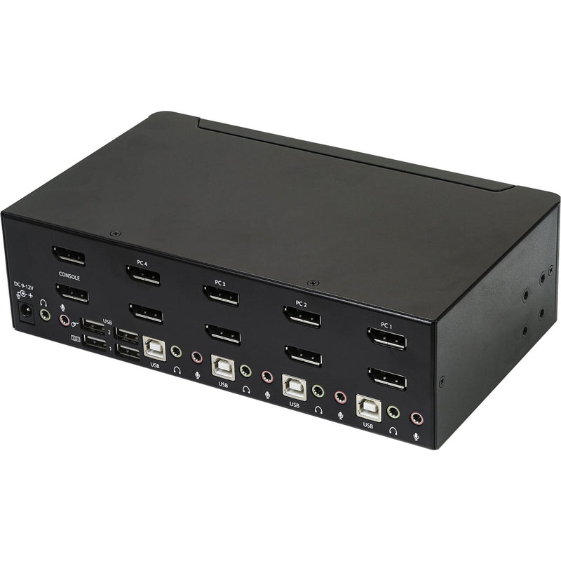 Rear view of StarTech KVM switch showing DisplayPort, USB, and audio connections