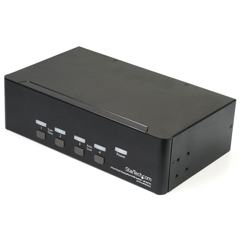 Front view of StarTech.com 4-port dual DisplayPort KVM switch showing control buttons and LED indicators