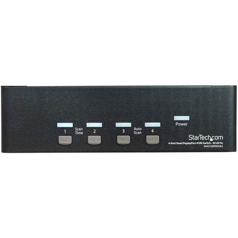 Close-up front view of StarTech KVM switch control panel with numbered buttons and LED indicators