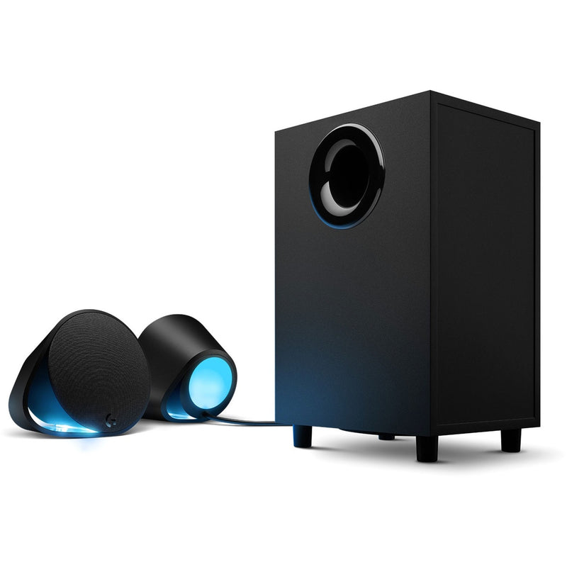 Side view of Logitech G560 gaming speakers showing subwoofer and satellite speaker configuration with blue lighting