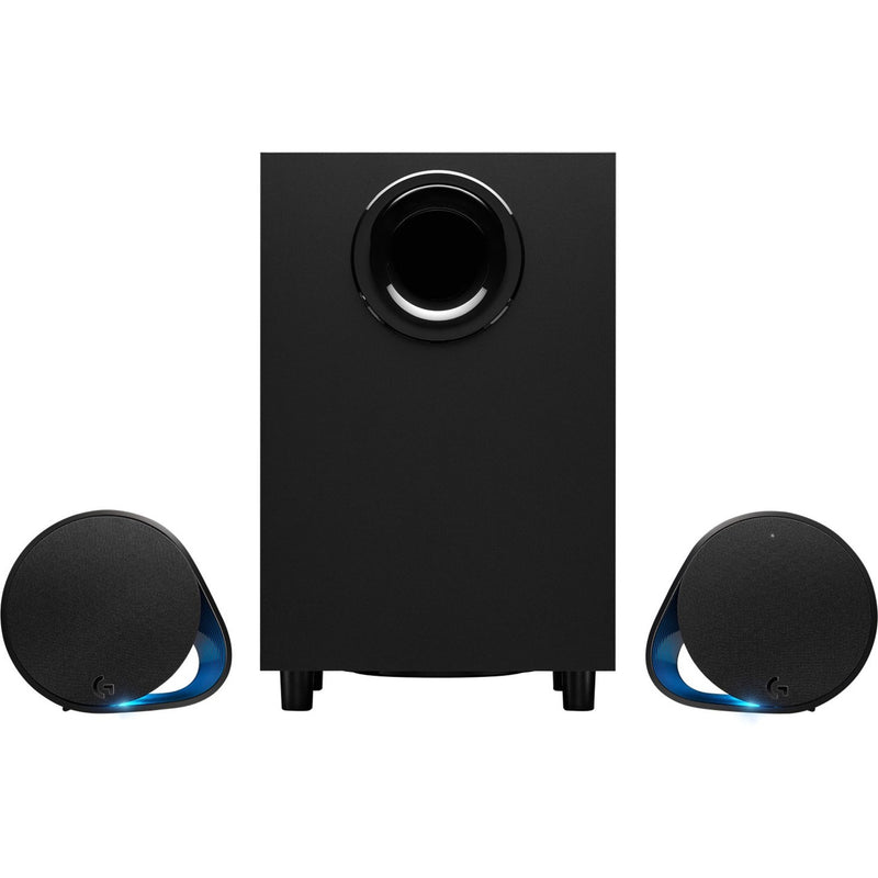 Front view of Logitech G560 gaming speaker system showing two satellite speakers and subwoofer with blue ambient lighting