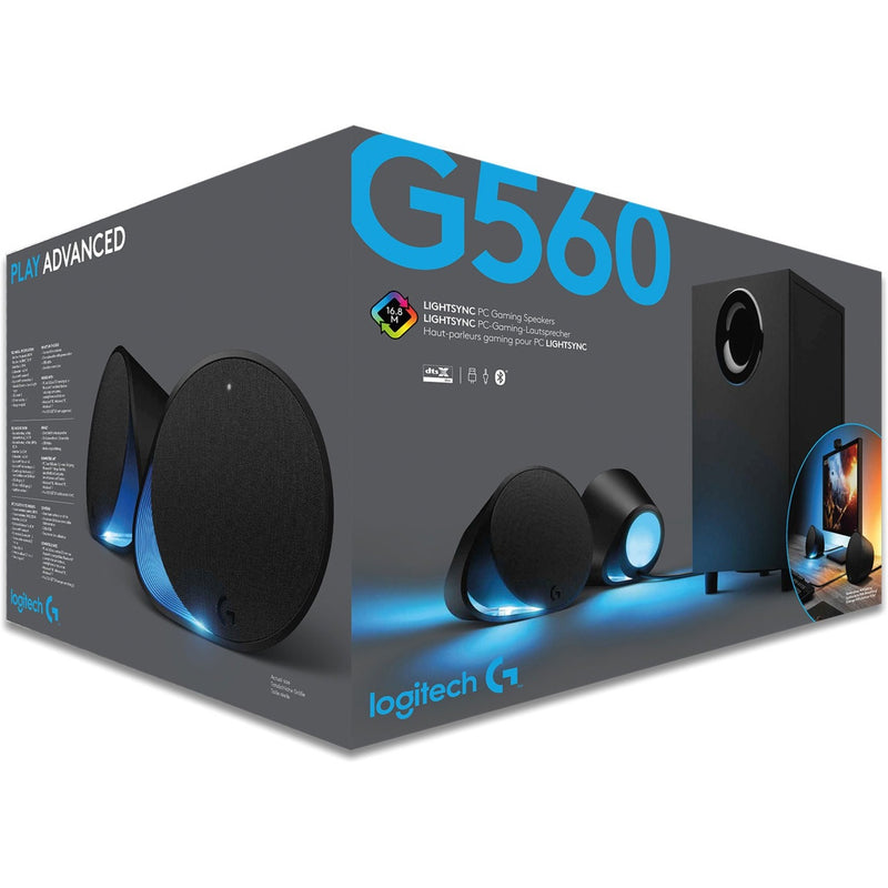 Retail packaging of Logitech G560 LIGHTSYNC PC Gaming Speakers showing product features and contents